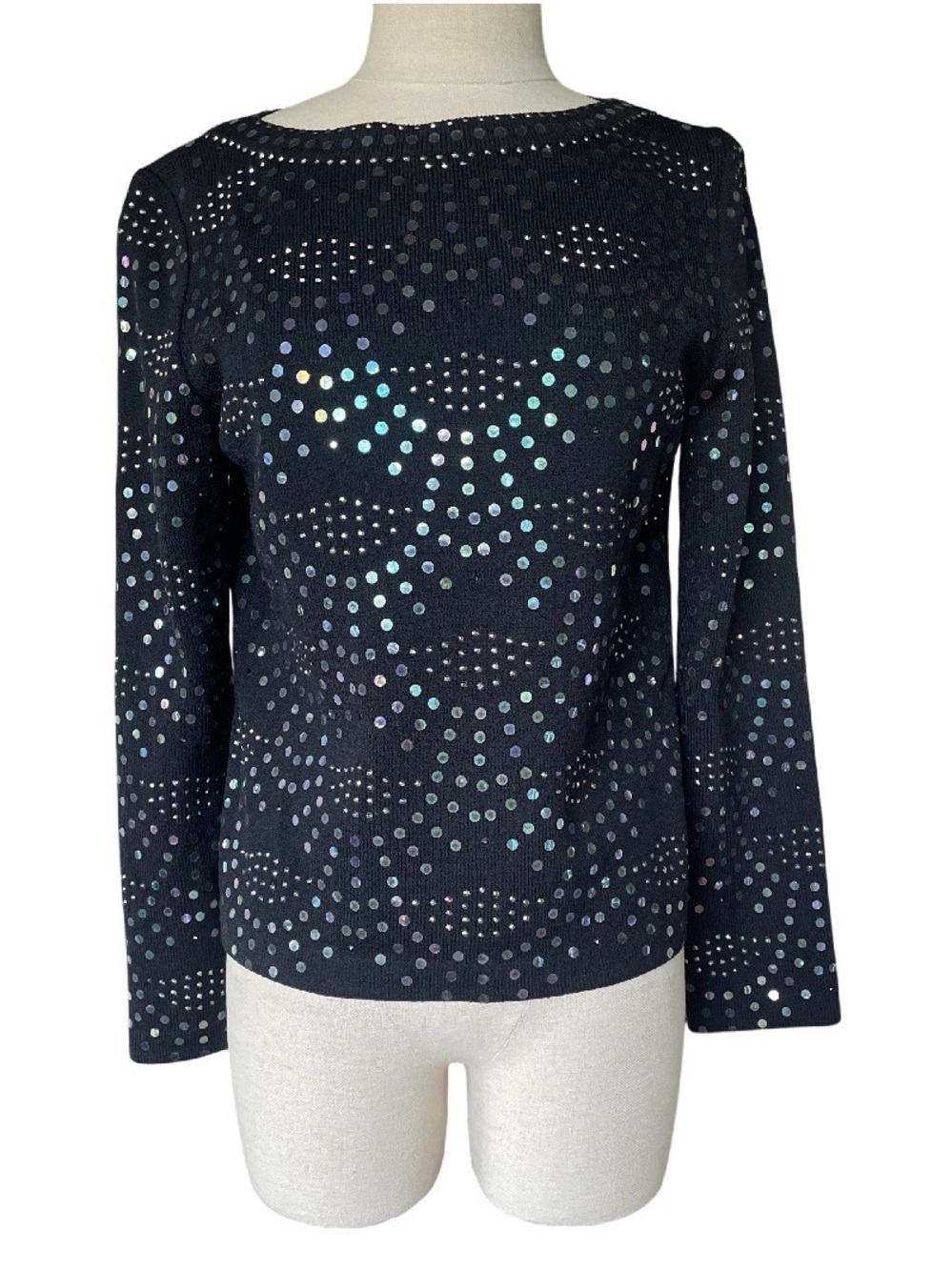 St. John Black Long-Sleeve Top with Iridescent Dot Detail Size 4
